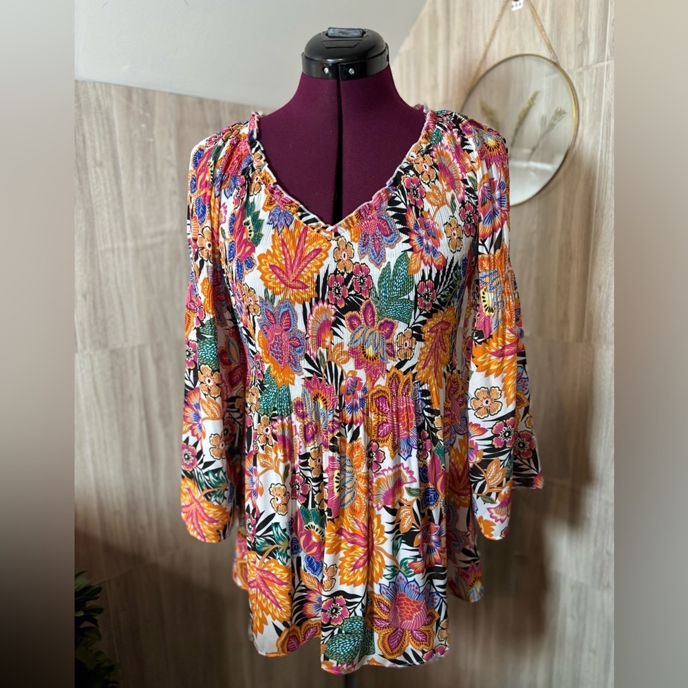 Ninety Multicolor Floral Print Blouse with Pink, Green and Orange Accents